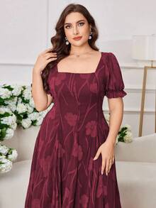 Modelyn 优雅雪纺提花方领短袖A字大码连衣裙，春夏 - 酒紅色 - 查看 6