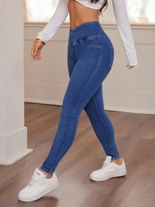SHEIN PETITE Damen Herbst Winter Rückkehr zur Schule Homecoming Halloween Weihnachten Y2k Süß Gym Streetwear Geburtstag Club Flughafen Damen Lässig Gewaschen Überlappende Taille Slim Fit Blaue Jeans Hochtailliert Dehnbar Skinny Jeans für Damen - Perfekter Sitz für den täglichen Lässig-Tragen Blaue Denim Skinny Jeans mit weichem Stoff und schmeichelhaftem Hochtailliert-Design