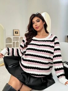 SHEIN EZwear 大码休闲拼色条纹套头衫，秋冬 - 彩色 - 查看 7