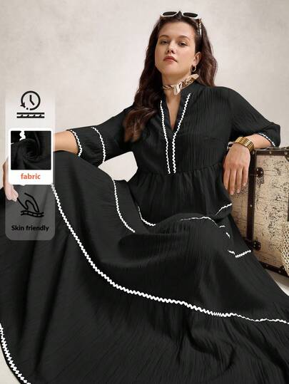 Zelara 大码女式波浪丝带镂空 V 领喇叭袖宽松优雅连衣裙