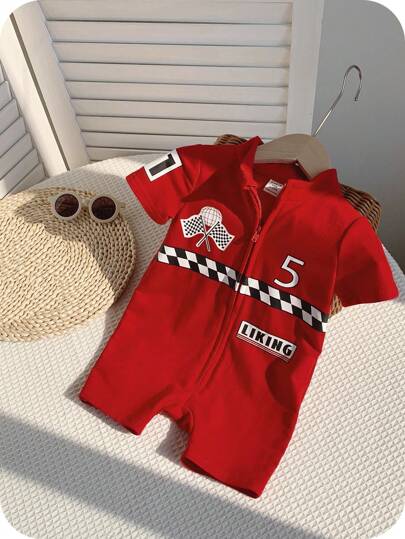 SHEIN Conjunto de pelele de manga corta y pantalones cortos de punto suave con diseño de letras para bebé niño/niña