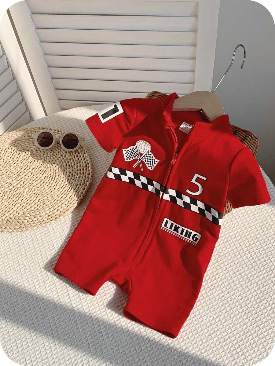 SHEIN Baby Boy/Girl Letter Pattern Soft Knit Short Sleeve Romper & Shorts Set - Red - View 1