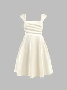 SHEIN Robe de soirée pour jeunes filles en satin à volants, avec bretelles froncées. Robe de demoiselle d'honneur élégante pour soirée, mariage, cérémonie de remise des diplômes, dîner, fête de printemps, Noël, Halloween