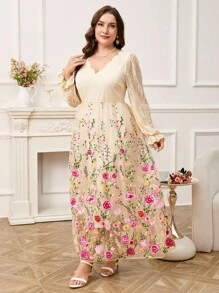 Reflora Váy dài tay cổ chữ V thêu ren tương phản cỡ lớn màu mơ cho nữ - Nhiều màu - Xem 7