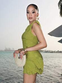 Melissa Matos Women's Off-Shoulder Tops And Asymmetric Skirt Suits Valentine's Day Casual Outing Party New Year's Eve Spring And Summer Graduation Ceremony St. Patrick's Day Green Elegant Sexy Girl Hem Skirt Green Textured Clothing Two Pieces Party Gathering Club Music Festival Afternoon Tea Spring And Summer Women's Clothing Halloween Festivals - Green - View 5