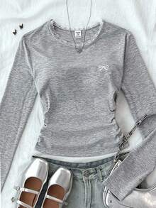 قميص تريكو بنات المراهقات بلون أحادي بطراز BM، رقبة دائرية، بلوزة بفيونكة وتصميم تباين اللون، مطرز على الخصر، تصميم مجمع، أكمام طويلة، ملابس صيفية أساسية وكاجوال