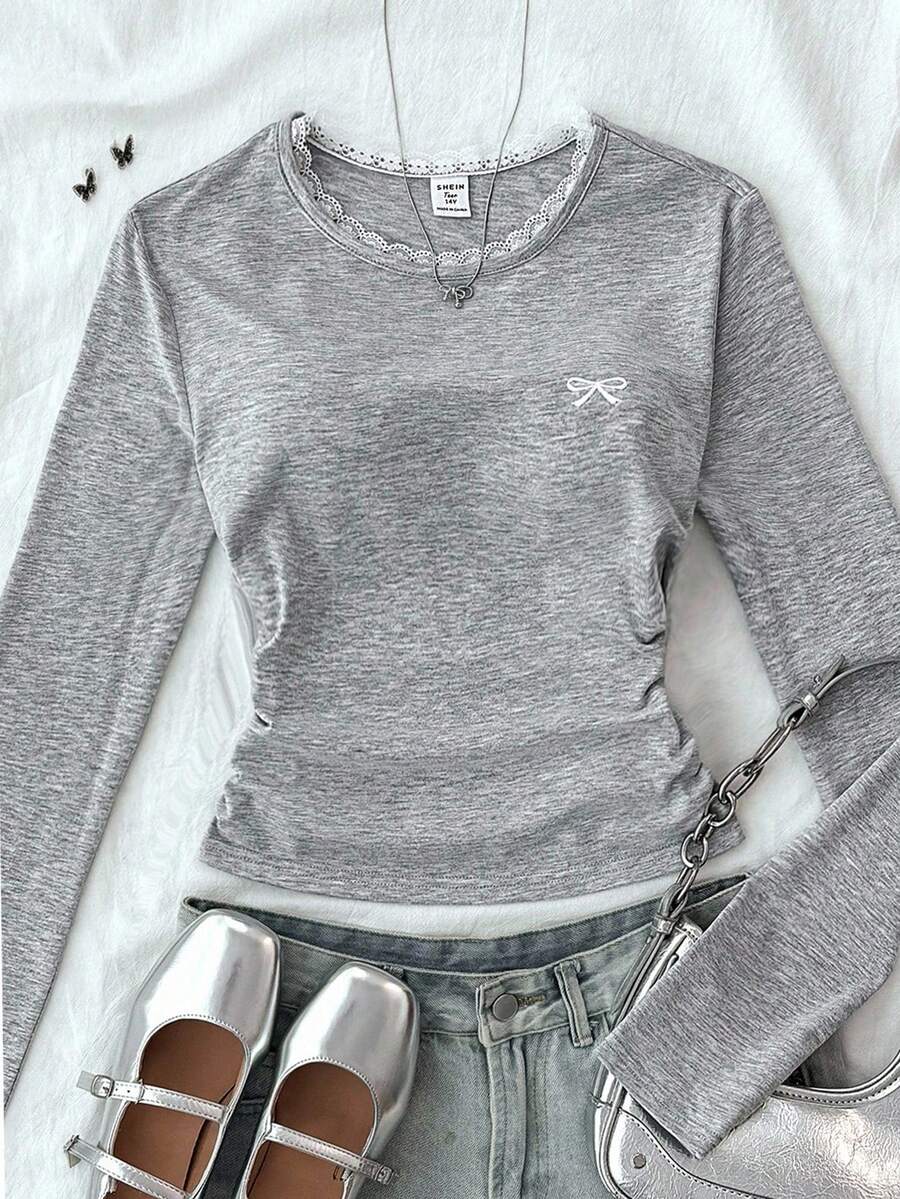 قميص تريكو بنات المراهقات بلون أحادي بطراز BM، رقبة دائرية، بلوزة بفيونكة وتصميم تباين اللون، مطرز على الخصر، تصميم مجمع، أكمام طويلة، ملابس صيفية أساسية وكاجوال