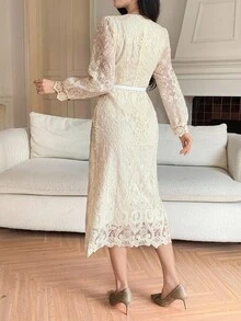 DAZY French Lace Long Sleeve Dress, New Slim Fit Elegant Elegant Casual Dress - Apricot - View 3