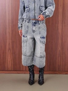 COUREZ Low Rise Longline Cargo Jorts With Washed Seams /Y2K Streetwear Back To School  Summer Spring Casual - Blue - View 4