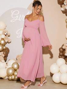 Loomaby 孕妇纯色露肩喇叭袖优雅连衣裙 - 粉色 - 查看 1