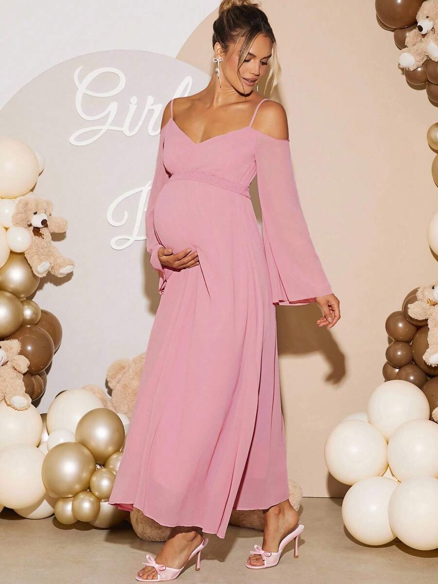 Loomaby 孕妇纯色露肩喇叭袖优雅连衣裙 - 粉色 - 查看 1