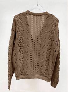 EMERY ROSE 女士纯色镂空V领休闲针织开衫 - 駝色 - 查看 2