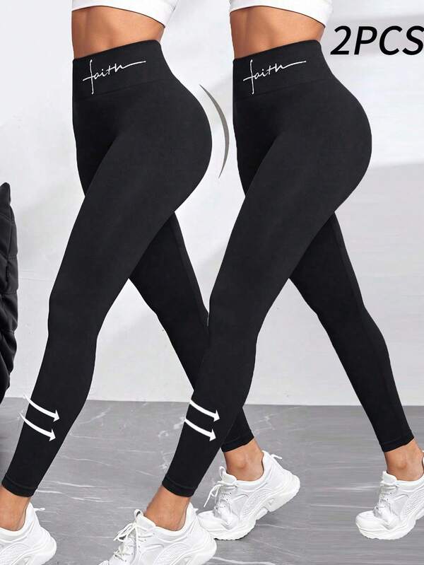 Easithlete Letter Print Seamless High Stretch Sports Leggings Black Leggings Women Yoga Leggings Women Workout Leggings 2 Pieces Legging Set