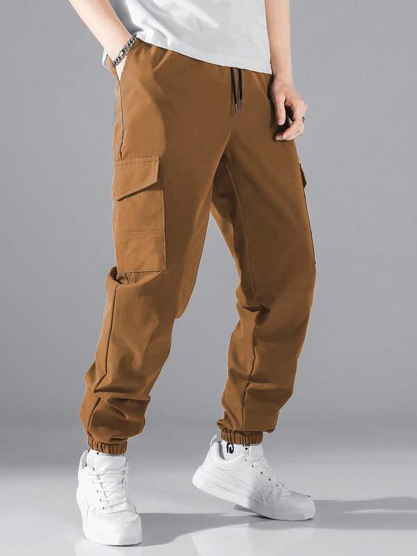 Manfinity Homme Pantaloni lejeri pentru bărbați, cu clapă, buzunare laterale și șnur în talie, ieșire de toamnă pentru bărbați 2025, pantaloni casual versatili pentru bărbați, pentru toamnă