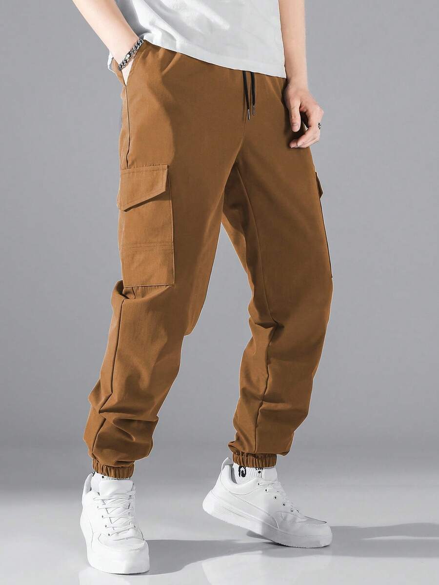 Manfinity Hypemode 宽松男士翻盖口袋侧抽绳腰裤，男士秋季出游2025新款男士秋季百搭休闲裤，适合秋季 - 棕色 - 查看 1
