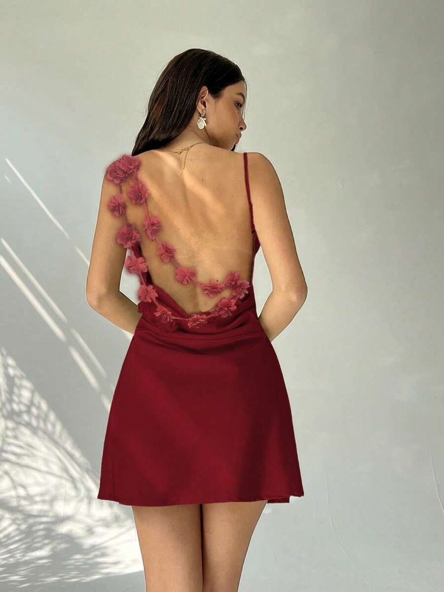 Aloruh Women's Sexy Open Back Floral Decor Draped Neck Elegant Color Block Mini Dress - Burgundy - View 1