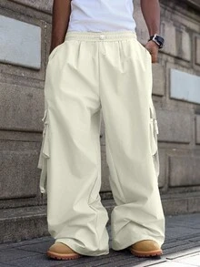 PAVTROS Quần Cargo dáng rộng màu trơn thường ngày cho nam, dành cho mùa thu - Màu be - Xem 5