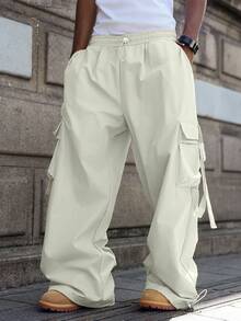 PAVTROS Quần Cargo dáng rộng màu trơn thường ngày cho nam, dành cho mùa thu - Màu be - Xem 6