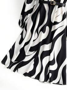 GlowEve Women's Lantern Sleeve Belted A-Line Floral Print Midi Dress, Elegant For Daily Commute, French Style, Black & White, Autumn/Winter Fall Cloth For Women - Multicolor - View 5