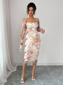 Elenzga 女士优雅浪漫网眼花卉印花荷叶边领收腰长袖中长连衣裙，适合婚礼、派对、约会、休闲外出等 - 彩色 - 查看 6