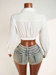 Mistrie Casual Solid Color Cropped Shirt, Spring & Autumn,Long Sleeve Tops Fall Cloth For Women - White - View 2