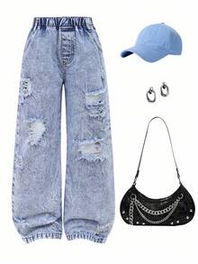 SHEIN Sparklyn 少女款松紧腰破洞牛仔阔腿裤，适合春、夏、秋、冬日常穿着、户外旅行、秋季派对等场合。