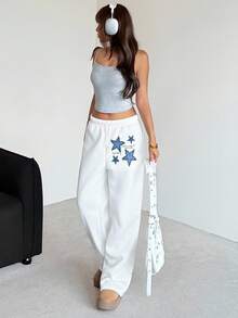 SHEIN 青少年女孩新款休闲基本款街头运动弹力抽绳直筒裤，白色星星图案运动长裤 - 白色 - 查看 2