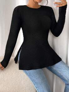 SHEIN Frenchy Solid Color Round Neck Split Hem Fitted Elegant Long Sleeve T-Shirt Black Tops Winter Casual Spring - Black - View 5