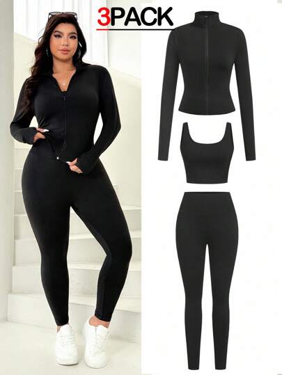 Solflare Set de 3 piezas talla grande, top sin mangas de unicolor, top con cremallera de manga larga y pantalones pitillo