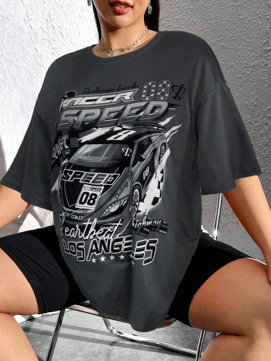 SHEIN EZwear Plus Car & Letter Graphic Drop Shoulder Tee, Summer - Grey - View 1