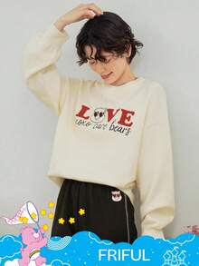 FRIFUL SHEIN X Care Bears 女士圆领字母刺绣撞色印花宽松加厚羊毛衫 - 米色 - 查看 12