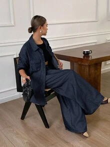 Livesso 女士休闲水洗牛仔夹克和阔腿牛仔裤套装 - 藍色 - 查看 7