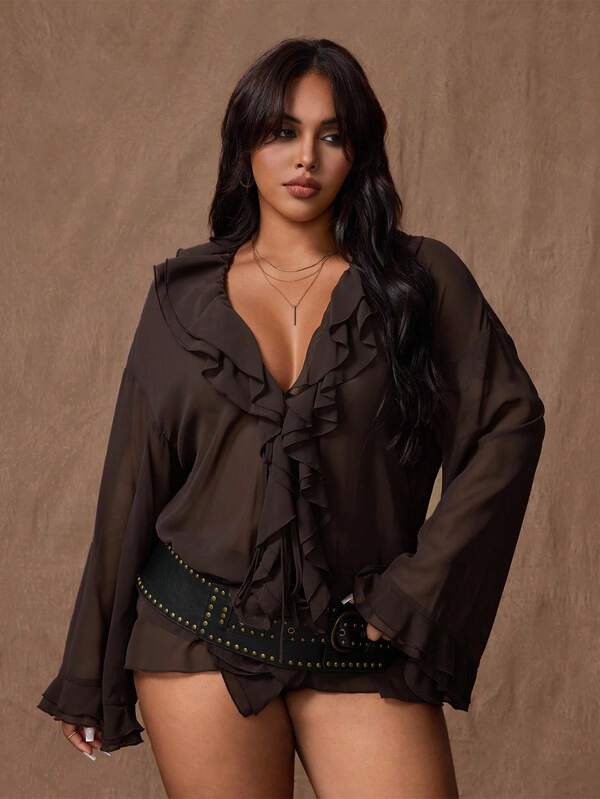 Rustia Plus Size Women Solid Color Chiffon Thin Double Ruffle Trim Loose Tie Front Long Sleeve Blouse Fall Cloth For Women