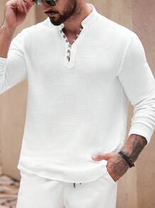 OTTIMOZO 男士休闲立领长袖衬衫，复古风格男士衬衫，半开襟和天然椰子纽扣，适合秋季简约日常穿着 - 白色 - 查看 6