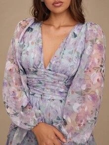 Enchnt Women's Elegant Floral Print Ruffle Hem Dress - Purple - View 2