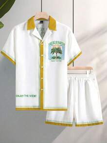 Manfinity Chillmode 2025 Men's Spring/Summer Map Print Pattern Fashion Short Sleeve Shirt Set - Yellow - View 3