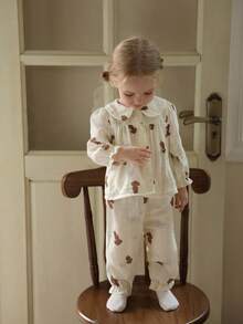 Vintaside Kids 女婴熊印花彼得潘领T恤和裤子 - 杏色 - 查看 3