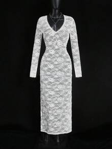 SHEIN ICON 提花透视深V领纯色透视长袖连衣裙 - 杏色 - 查看 9