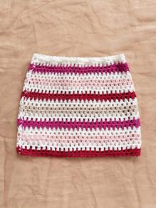 Soleia 女士度假风格红色渐变彩虹条纹紧身迷你裙，适合婚礼季节、海滩、音乐节、夏季波西米亚风钩针编织 - 彩色 - 查看 2