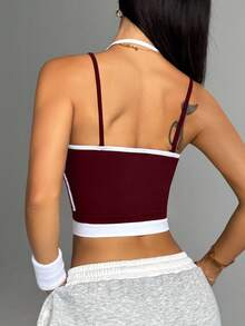 Easithlete Women's Burgundy Colorblock Spaghetti Strap Sports Tank With Criss-Cross Detail Gym Crop Top - Burgundy - View 4