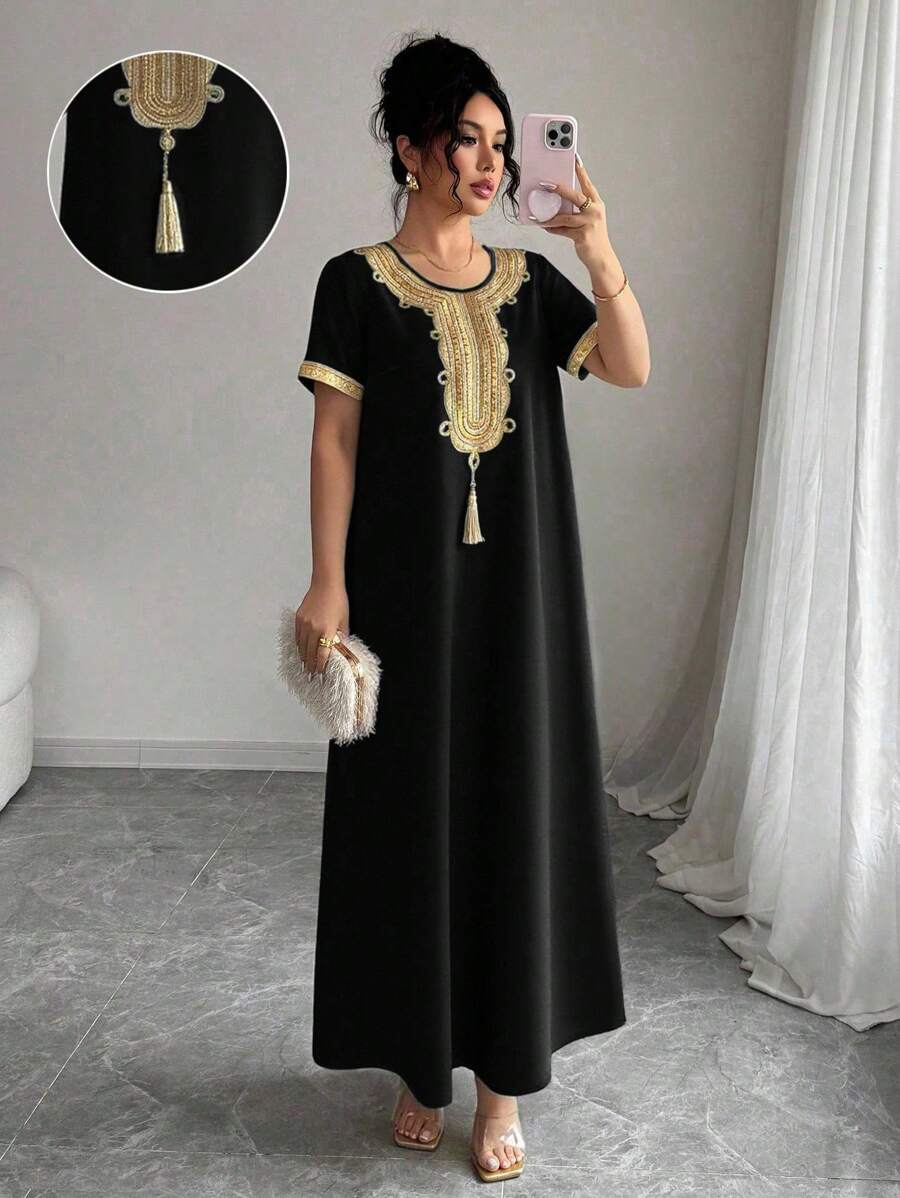 Rafferiza Women Elegant Commuter Golden Lace Trim Extra Long Dress Summer Dress Clothes For University - Black - View 1