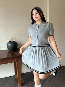 Flirla 2pcs Collegiate Style Pleated Knit Polo Collar Knit Slim Fit Set Winter Fall Autumn - Grey - View 5