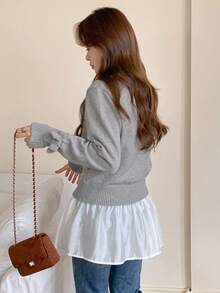 Livesso Solid Color Fitted Long Sleeve Bow Crew Neck Casual Sweater For Women, Autumn - Grey - View 2