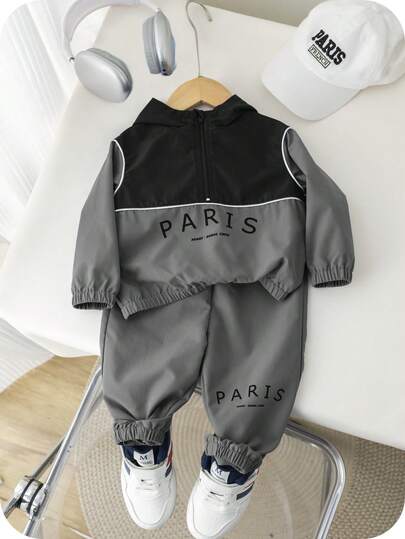 SHEIN 2 件套男宝宝字母印花撞色连帽开衫和运动裤套装冬季套装