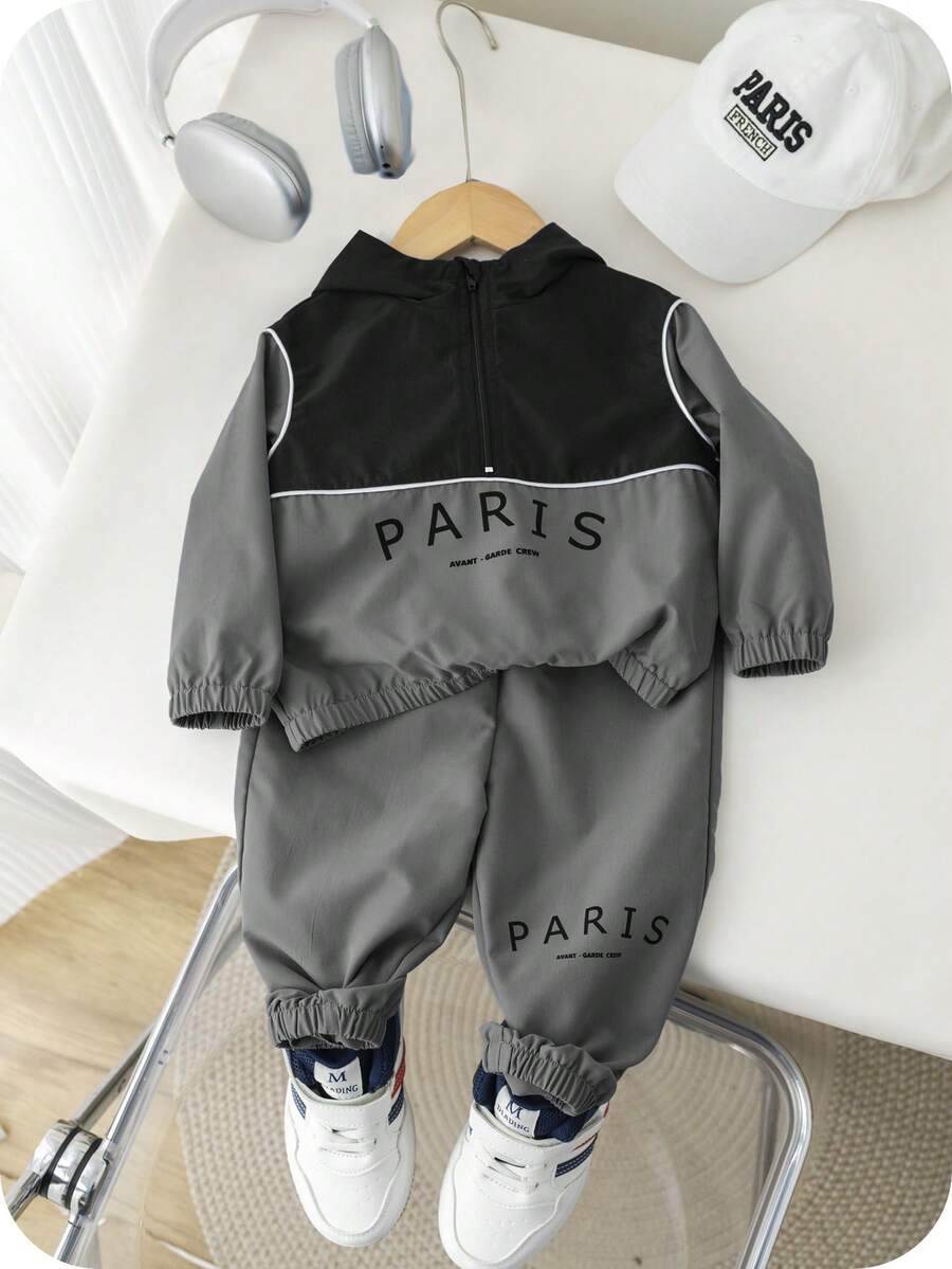 SHEIN 2 件套男宝宝字母印花撞色连帽开衫和运动裤套装冬季套装