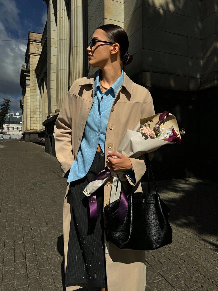 Siren Gaze 2025秋季新款办公室工作风衣，女士卡其色长款薄款外套，带口袋，复古风格休闲日常外出教师商务时尚必备单品，秋冬通勤正式场合棕色 - 卡其色 - 查看 4