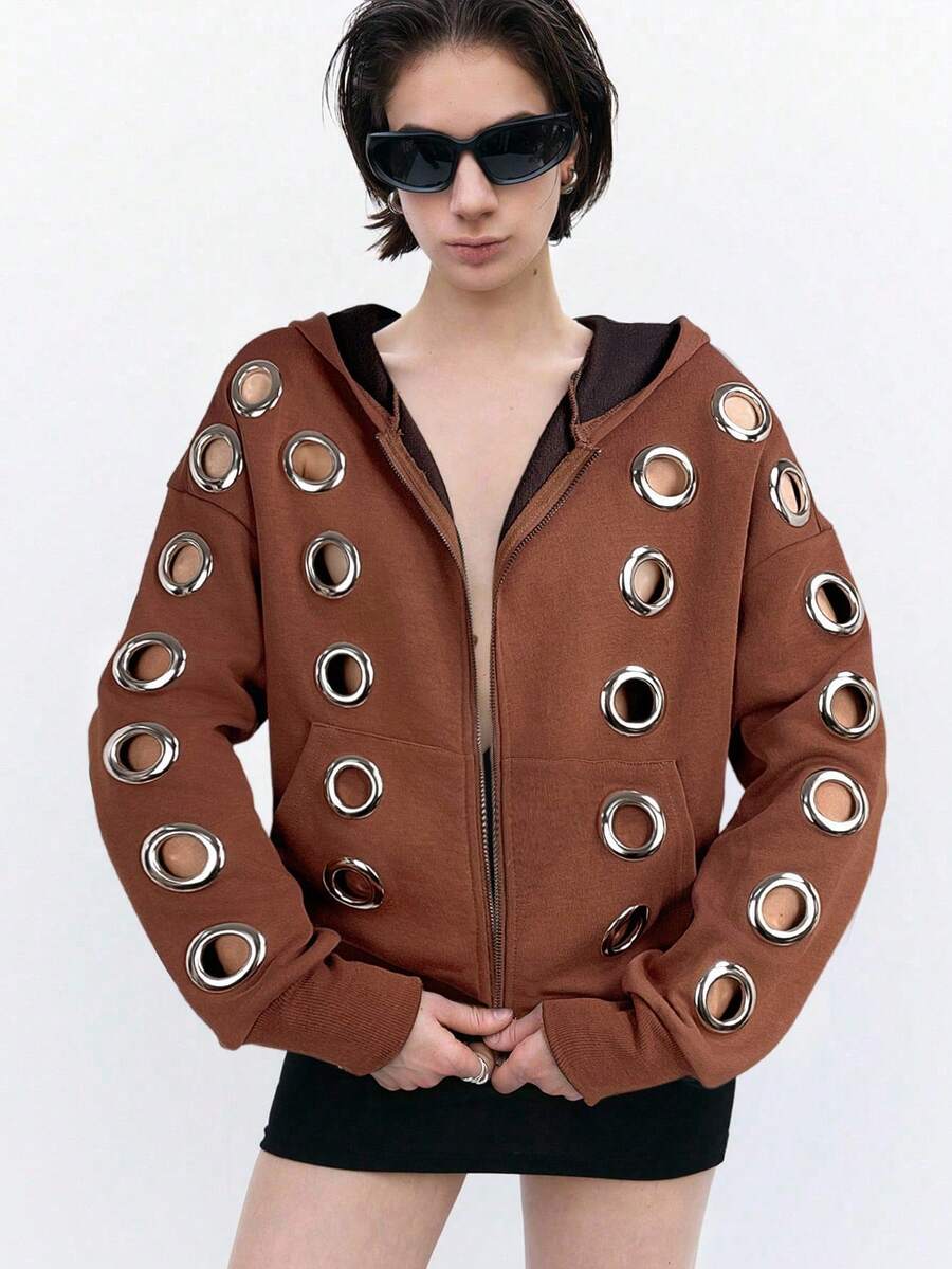 LYSMO Women's Fashionable Avant-Garde Cool Eyelet Hollow Design Pullover Hoodie, Autumn/Winter - Brown - View 1