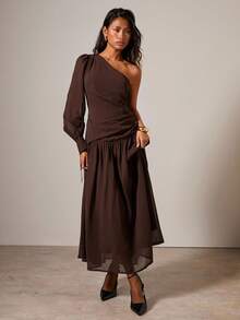 COSMINA Váy dài tay bất đối xứng viền bèo nhún màu trơn dành cho nữ, thanh lịch và thời trang - Nhiều màu - Xem 4