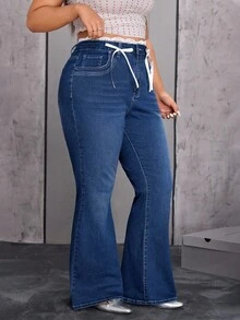 SHEIN ICON 大码女式时尚休闲蝴蝶结喇叭牛仔裤 - 中等水洗藍 - 查看 4