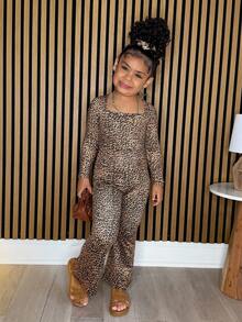 Young Girl Leopard Print Long Sleeve Tight-Fitting Flared Pants Jumpsuit, Autumn/Winter Outfit Fall - Multicolor - View 3
